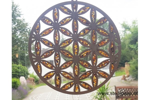 Fensterbild Suncatcher Bernstein - BLUME des LEBENS & Ø 20cm